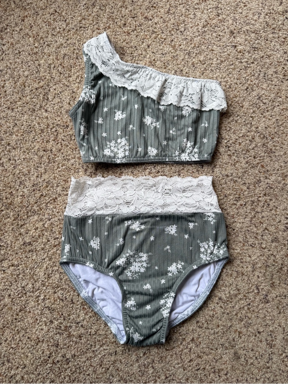 Ellie Olive Green Floral One-Shoulder Bralette & High-Waist Brief Set